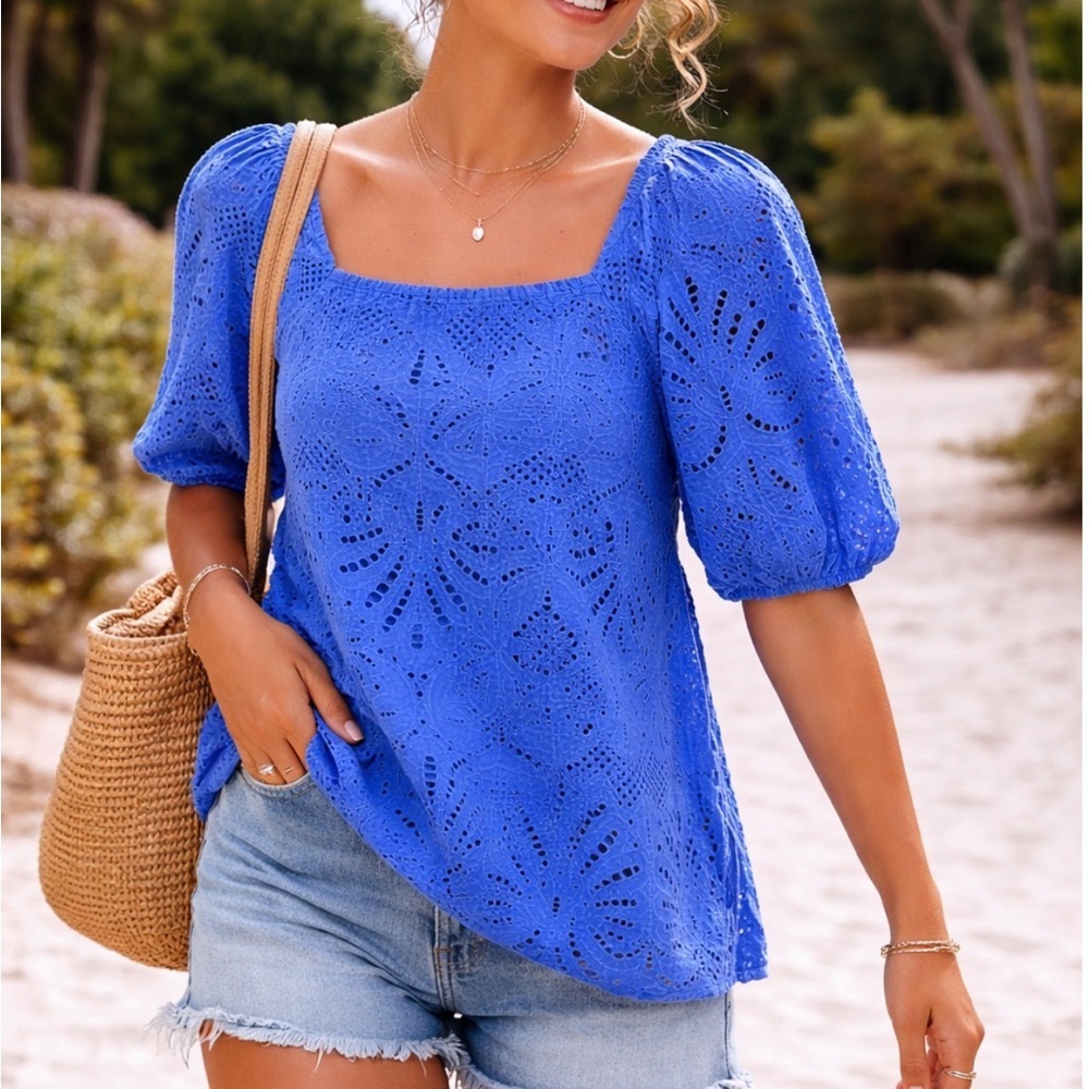 Talbots Cotton Blue Square Neck Eyelet Top Cottagecore Fairycore Coquette Boho